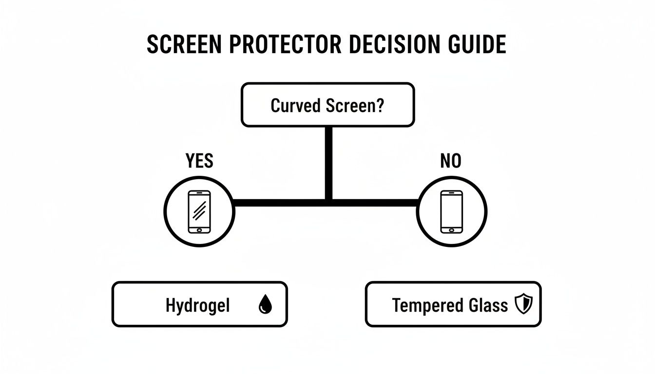 A screen protector decision guide flowchart illustrating Hydrogel for curved screens and Tempered Glass for flat screens.