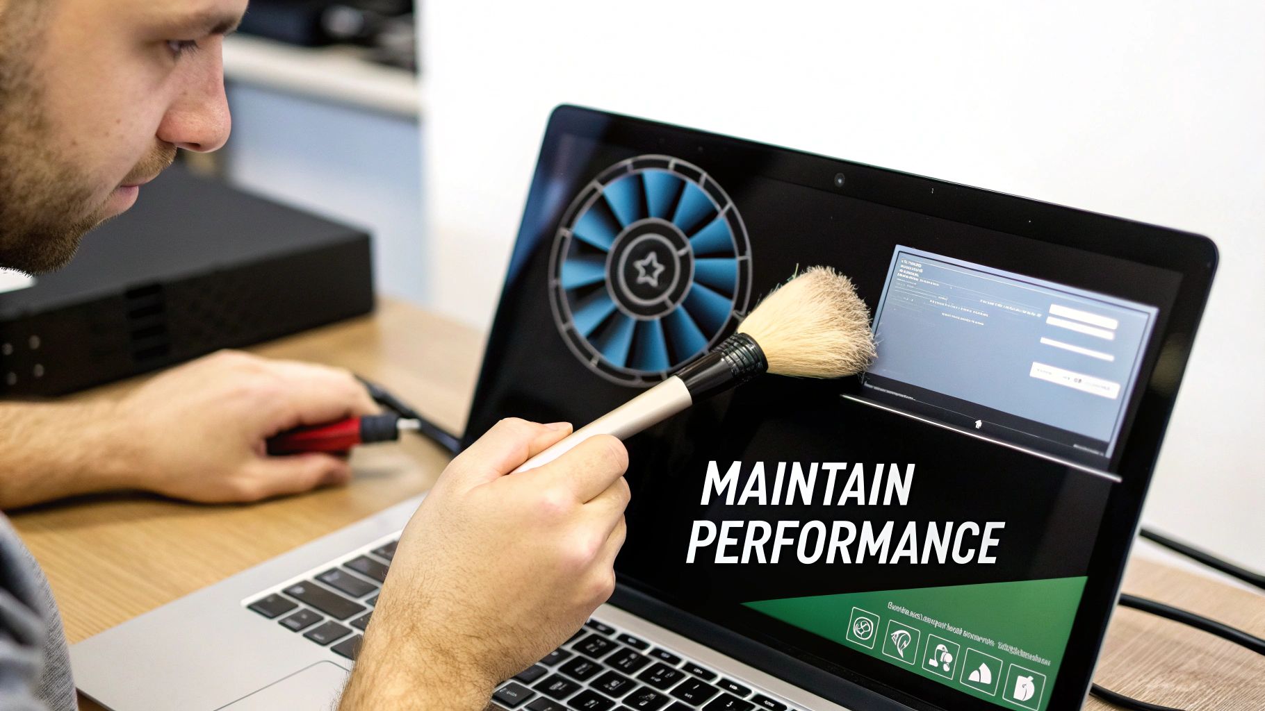 A person cleaning a laptop screen with a soft brush, optimizing performance and maintaining the system.