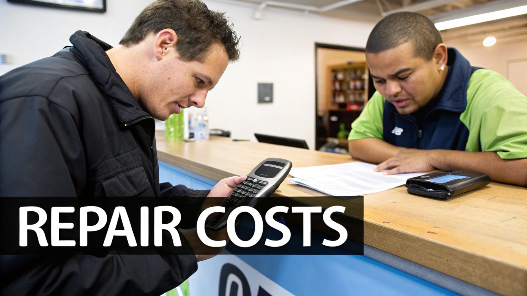 A customer holding an older model phone looks at repair costs with a technician.