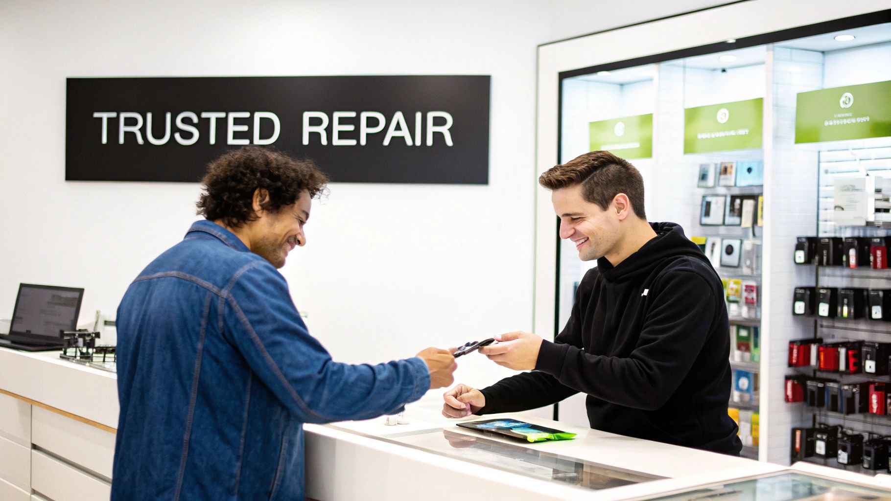Two smiling men at a repair shop counter, exchanging a smartphone after service.