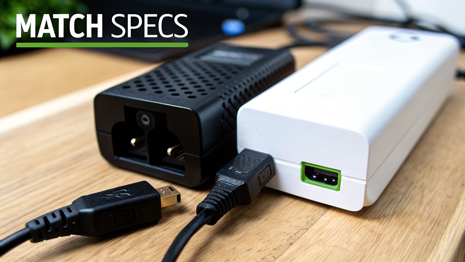 Black and white power supply bricks with USB cables on a wooden desk, under 'MATCH SPECS' heading.