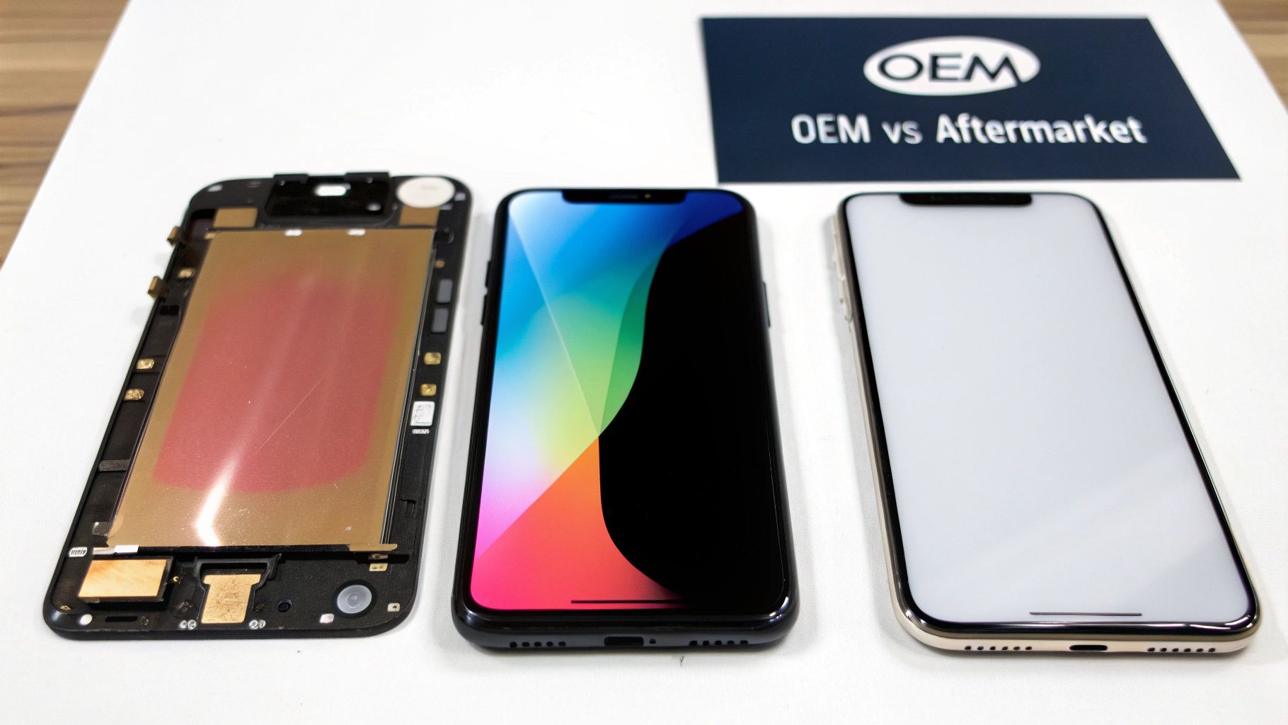 Three iPhone X screens, one disassembled and two assembled, illustrating OEM versus aftermarket displays.
