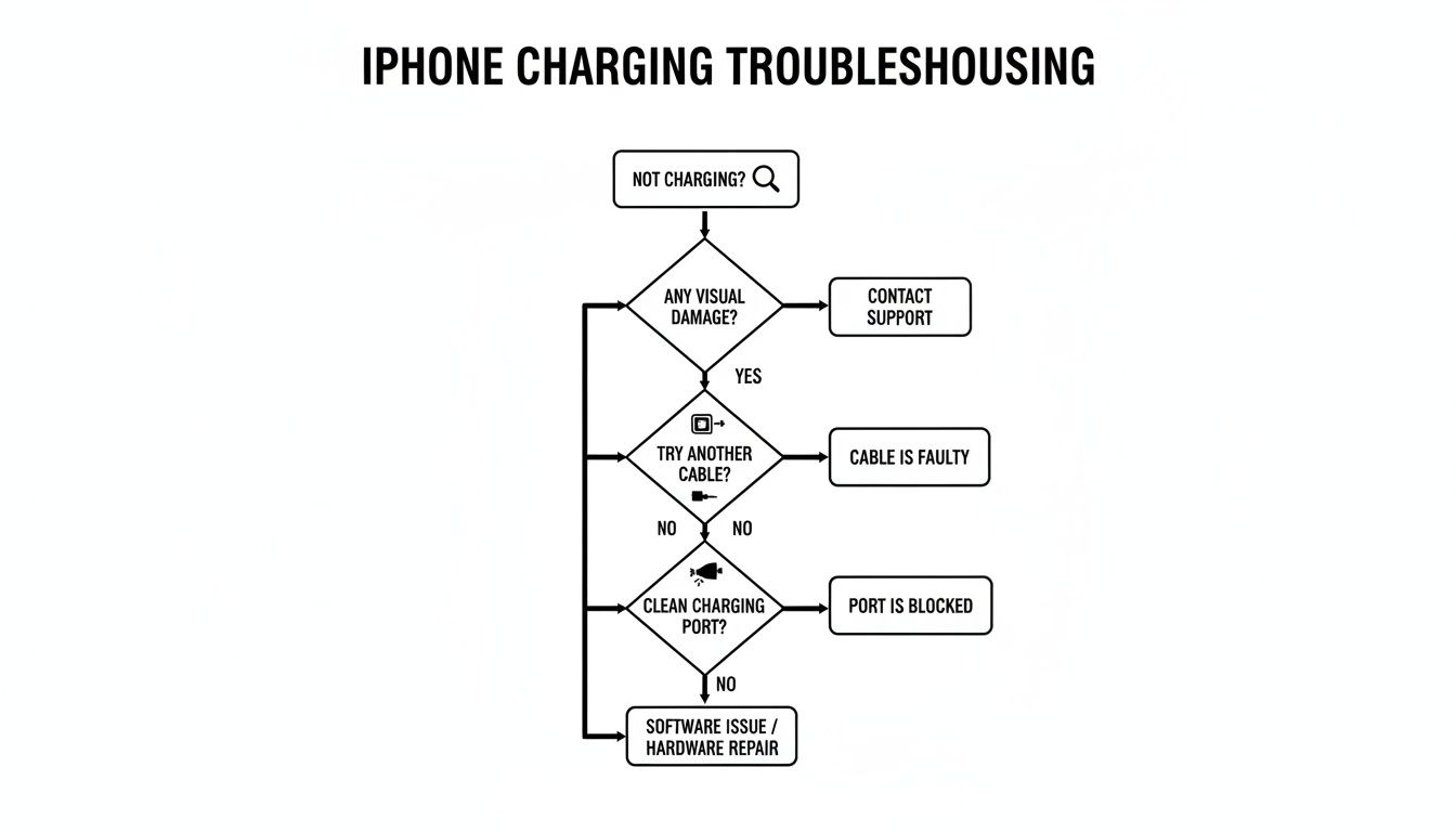 Flowchart detailing iPhone charging troubleshooting steps, including visual damage, cable, and port checks.