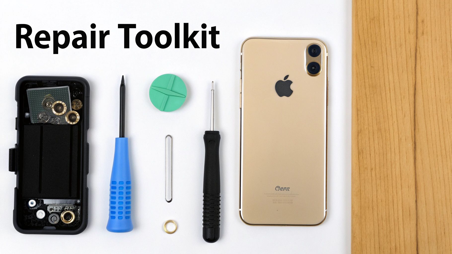 A repair toolkit displayed on a white background, featuring an iPhone, screwdrivers, and tools.