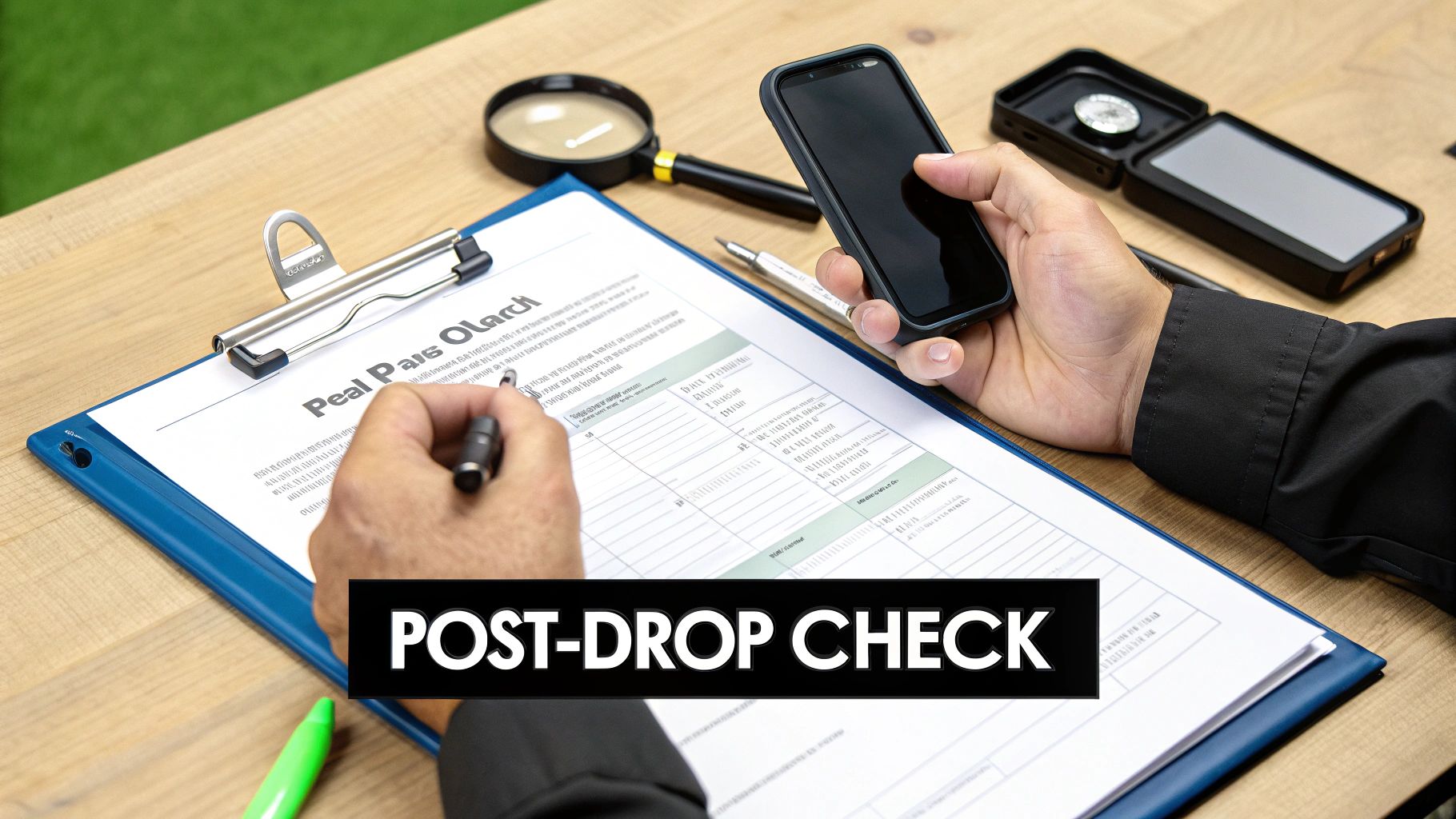 A person writes on a document while holding a smartphone, with a magnifying glass nearby.