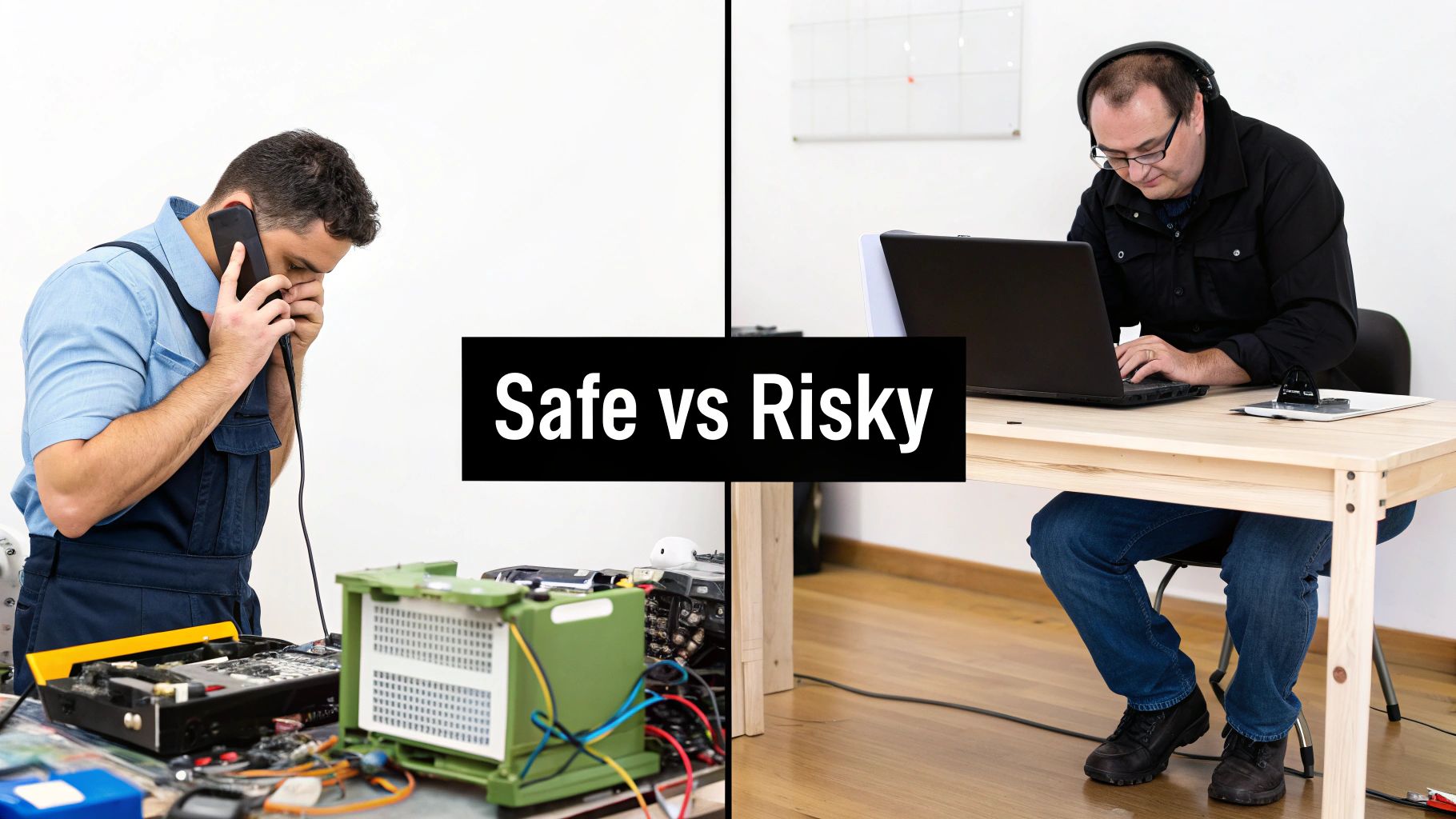 A split image showing a man working with electronics and another on a laptop, with 'Safe vs Risky' text.