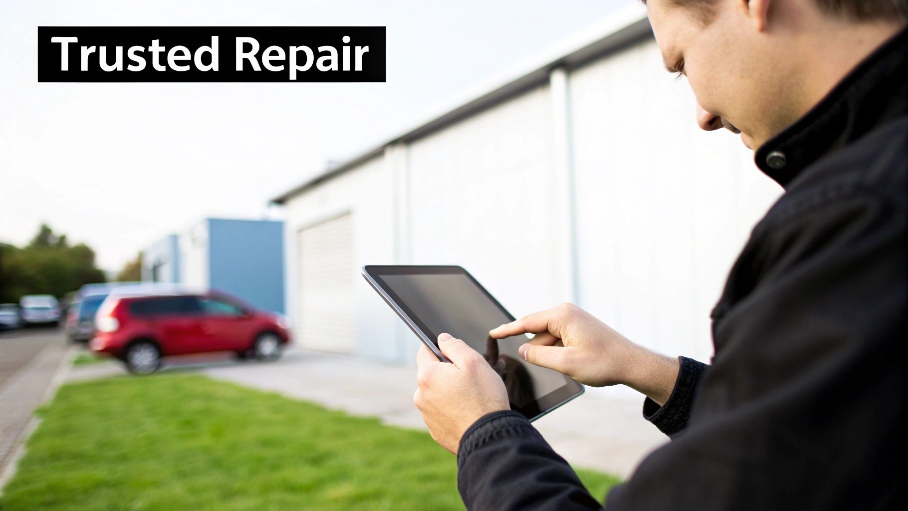 A technician carefully examining the screen of a tablet in a well-lit workshop.