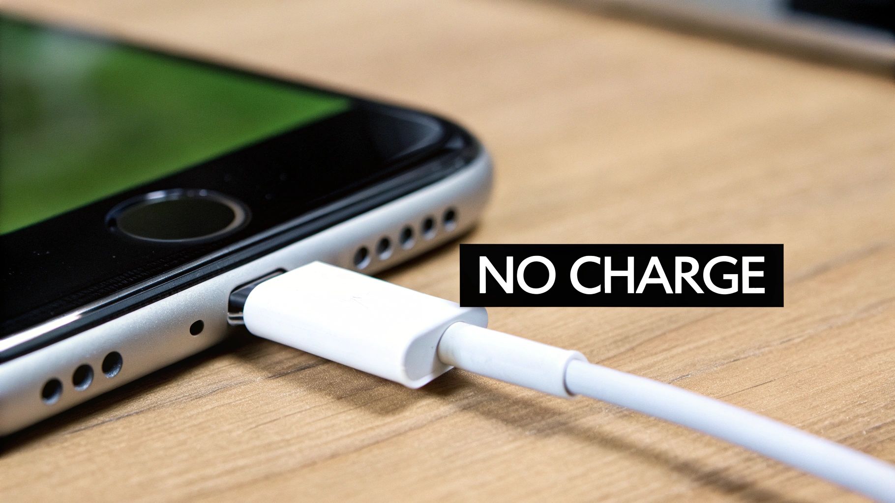 Close-up of an iPhone with a white lightning charging cable plugged in, on a wooden table, displaying a 'NO CHARGE' message.