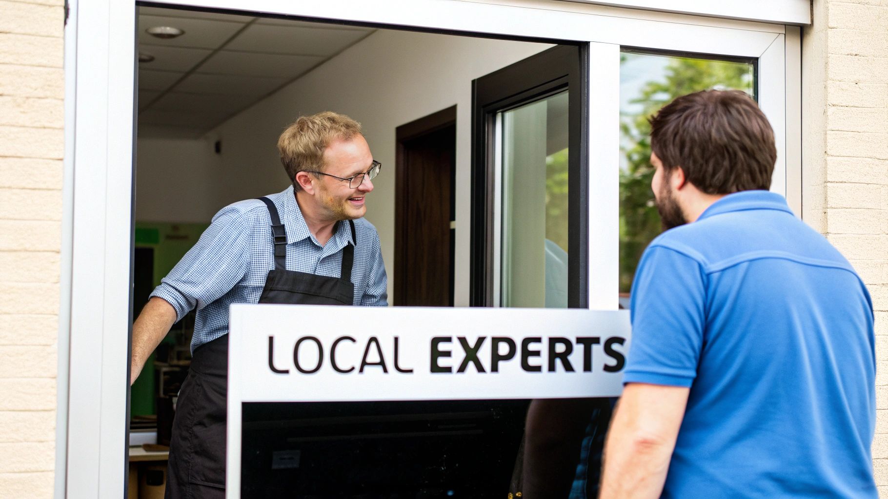 A friendly local expert in an apron smiles at a customer through a service window.