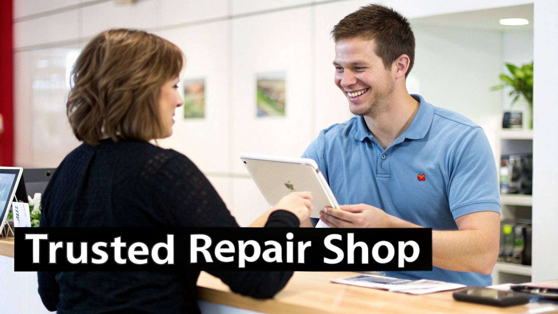 A smiling technician assists a woman at a counter in a trusted repair shop, holding an iPad.