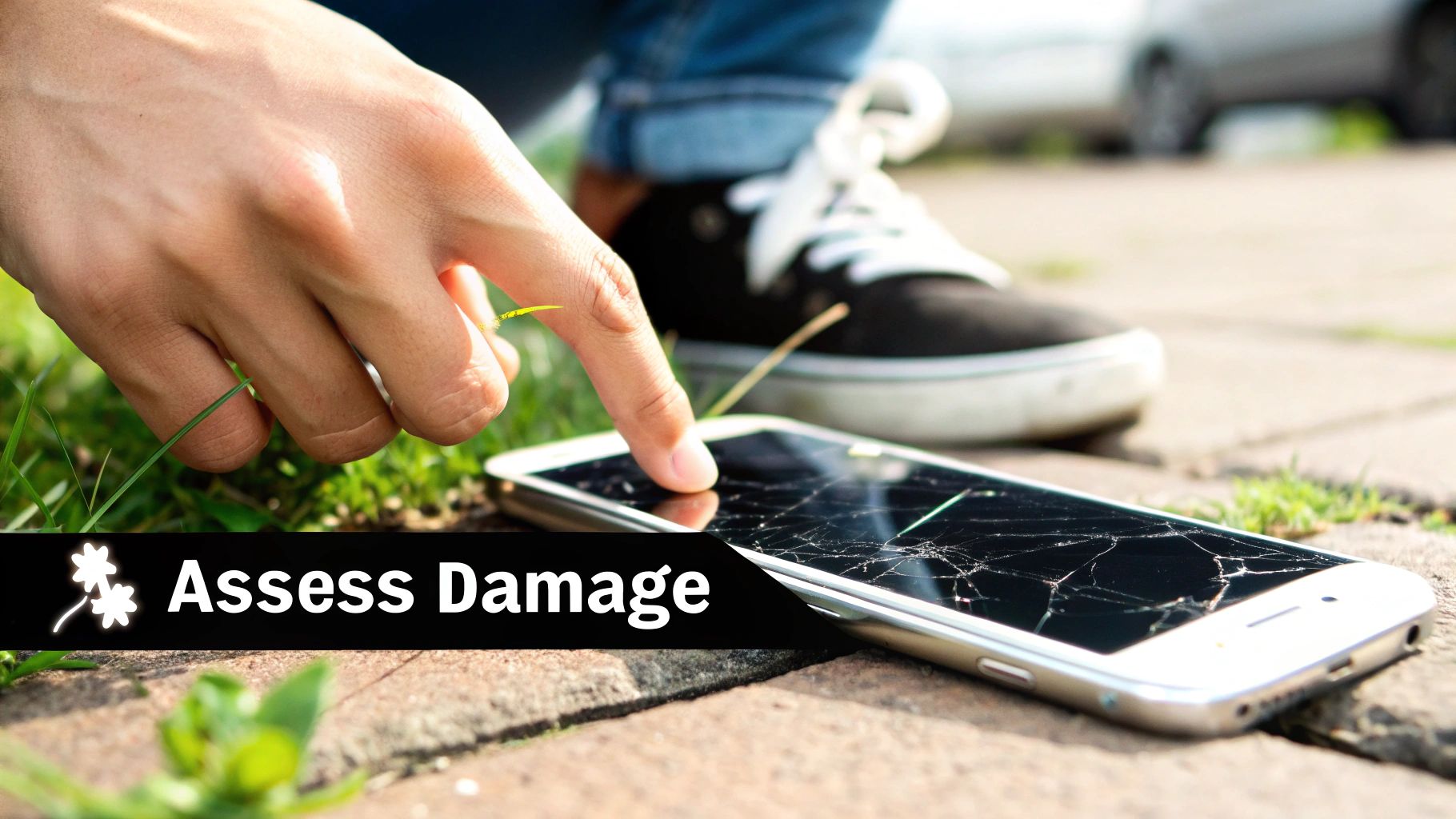 A smartphone with a severely cracked screen held in someone's hand.