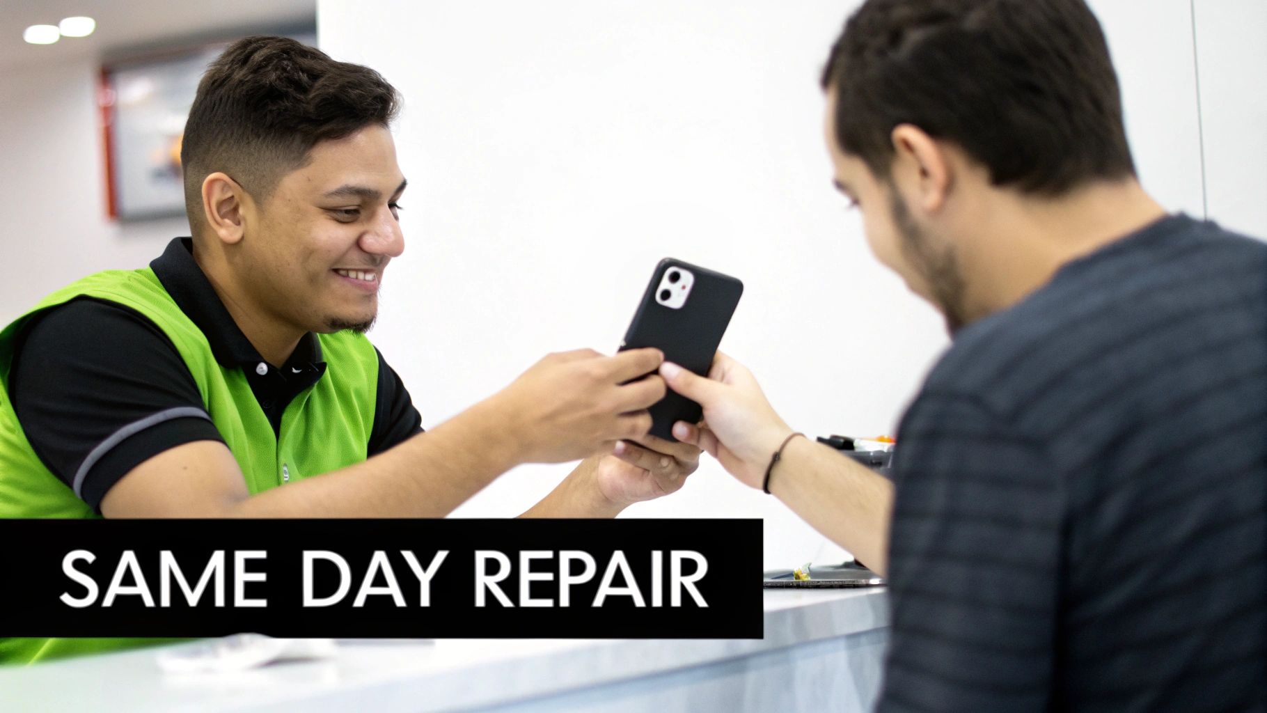 An employee in a green vest smiles while handing an iPhone to a customer, offering same-day repair.