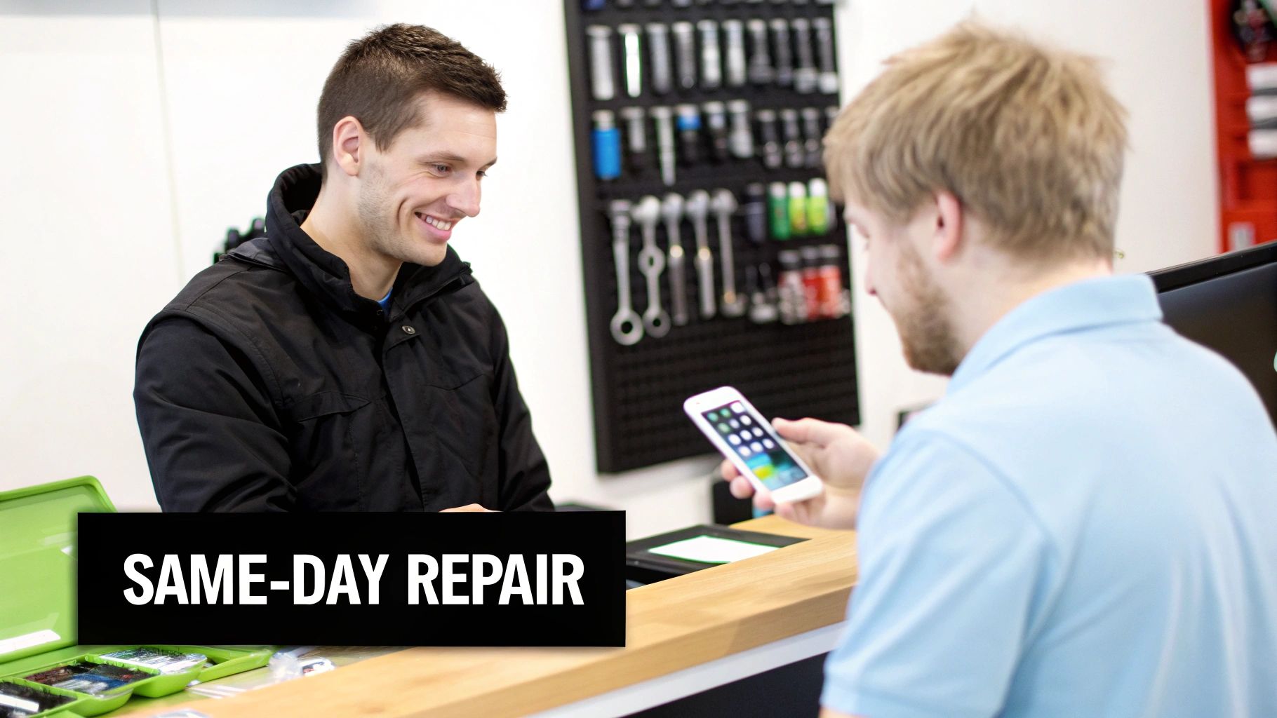 A friendly technician smiles at a customer holding a smartphone for same-day repair service.