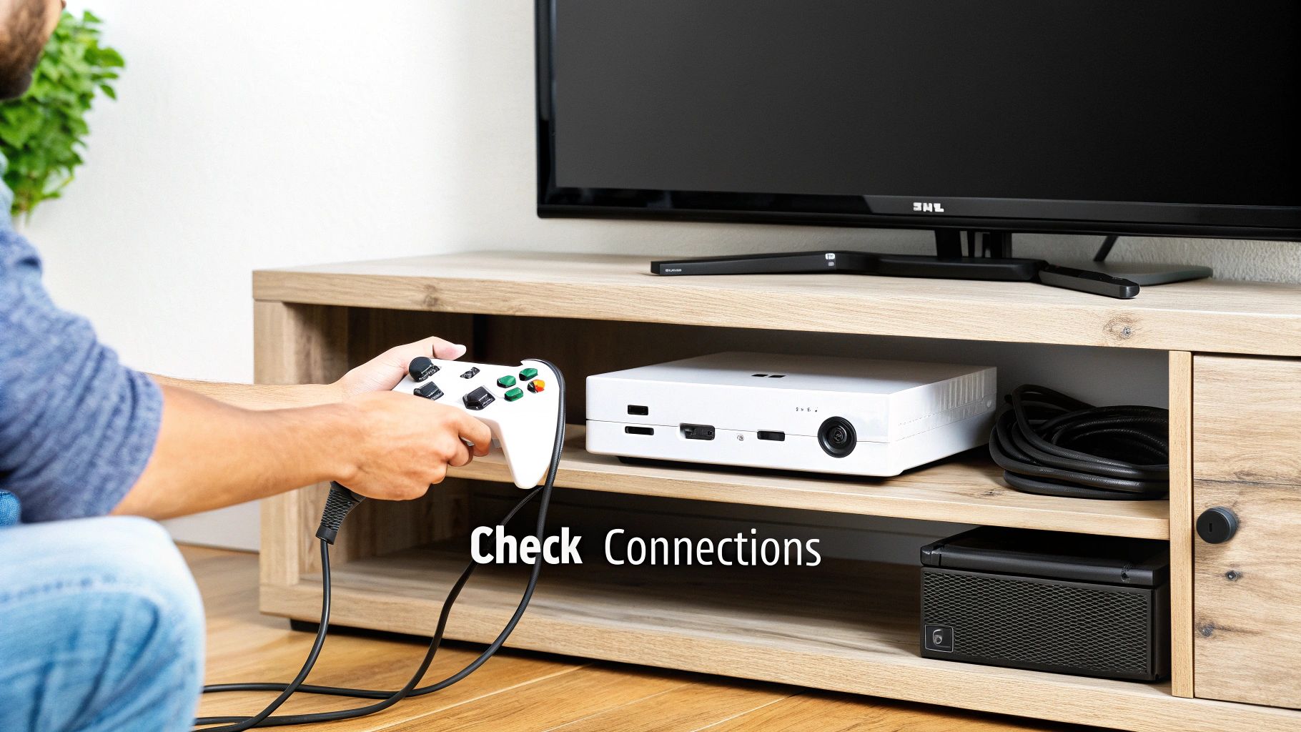 A person holds a white wired game controller, sitting in front of a TV and media console on a wooden stand.