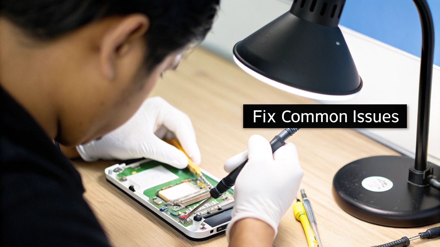 A person carefully examining the internal components of a disassembled smartphone.