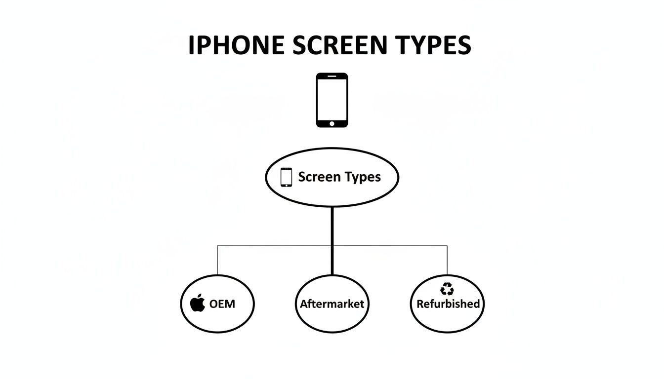 Diagram illustrating different iPhone screen types: OEM, Aftermarket, and Refurbished options.