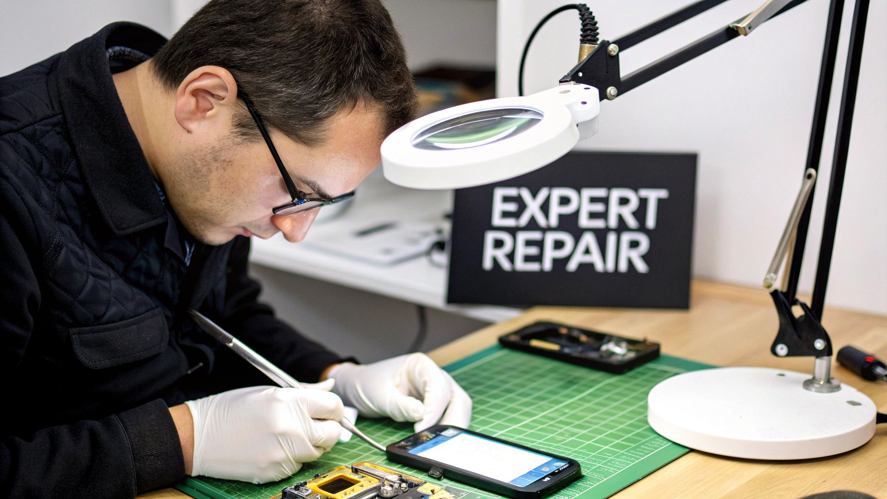 A skilled technician wearing gloves and glasses carefully repairs a smartphone with a tool under a magnifying lamp at a workbench.