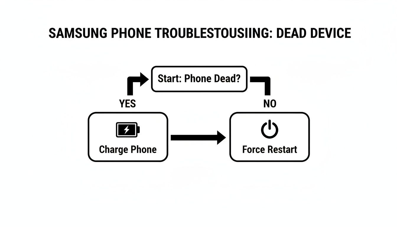 A flowchart for Samsung phone troubleshooting a dead device. It guides users to charge or force restart.