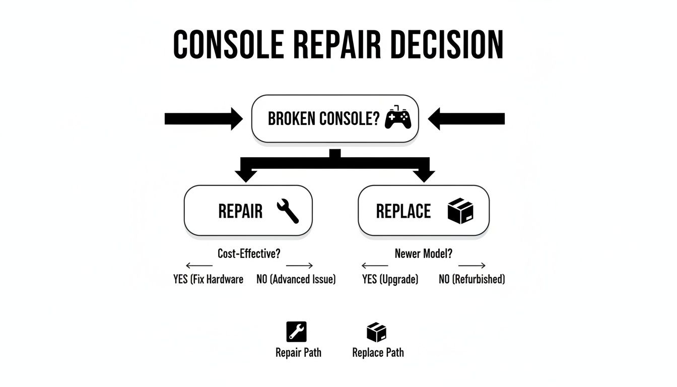 Flowchart illustrating the decision process for repairing or replacing a broken game console.