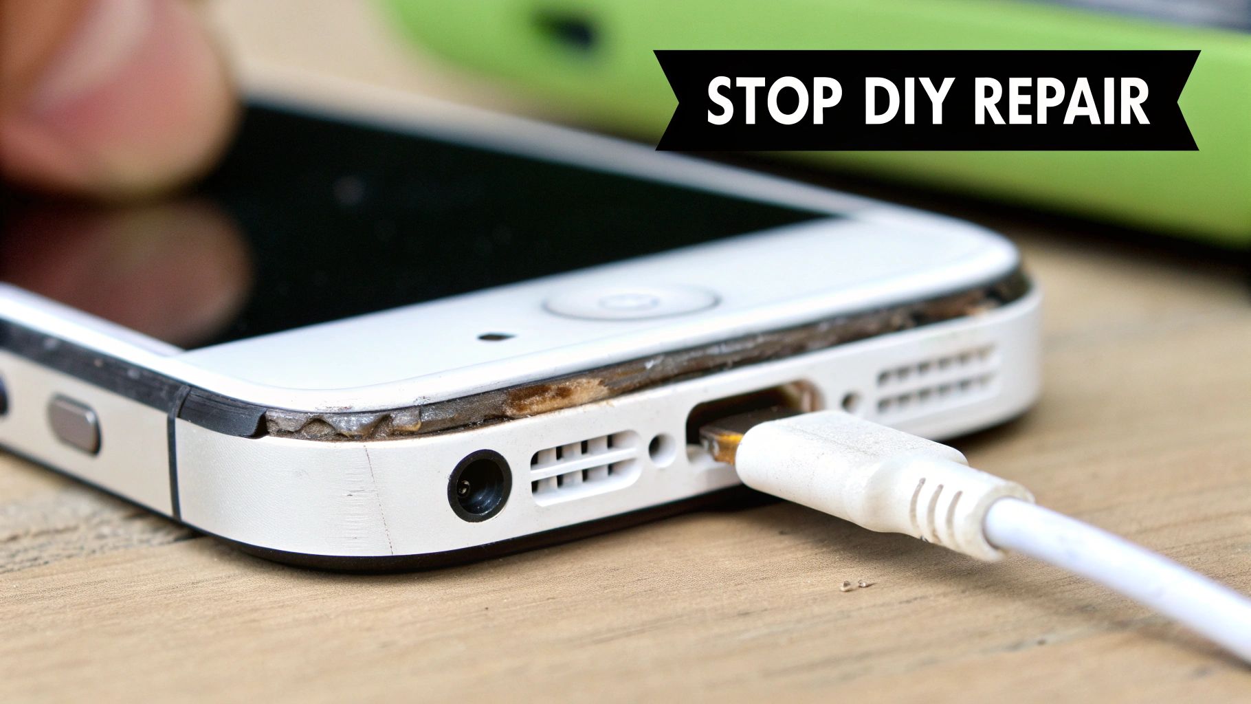 Close-up of a white iPhone showing significant damage and a separating screen from a DIY repair attempt, with a charger plugged in.