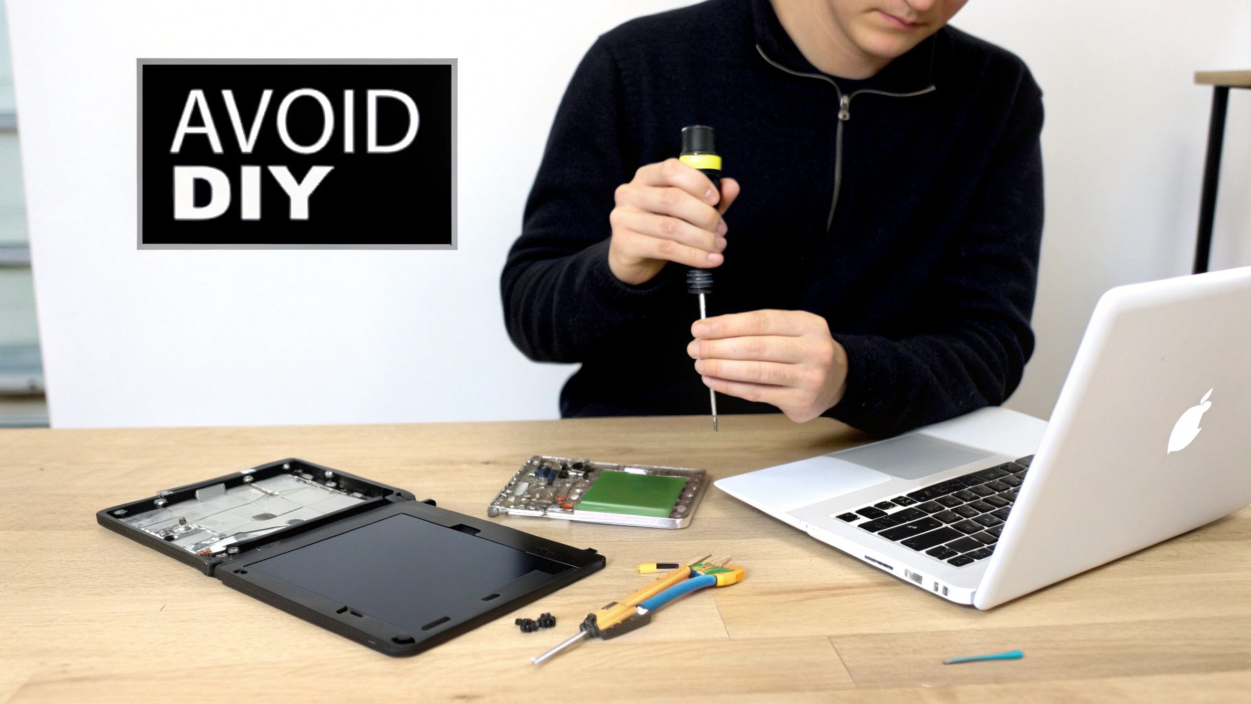A person repairing electronics on a wooden table with tools and an open laptop, under an 'AVOID DIY' sign.