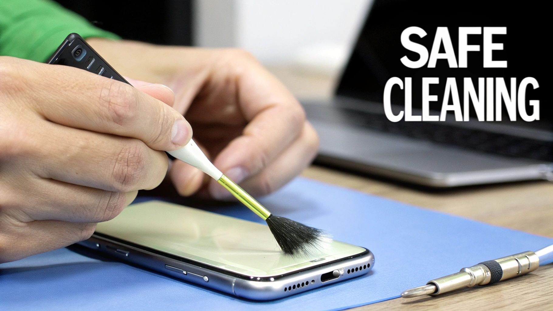 A person carefully cleans the charging port and speaker grilles of an iPhone with a small brush, emphasizing safe cleaning.