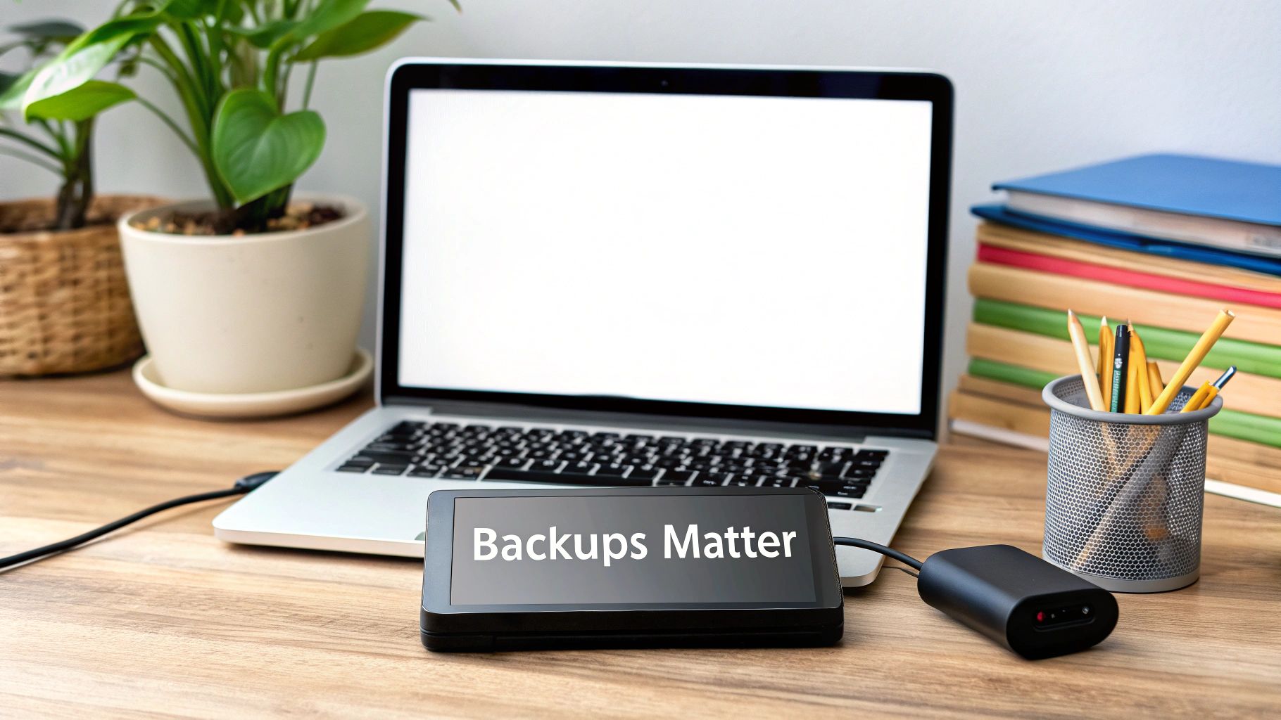 A person organises a new backup hard drive next to their laptop.
