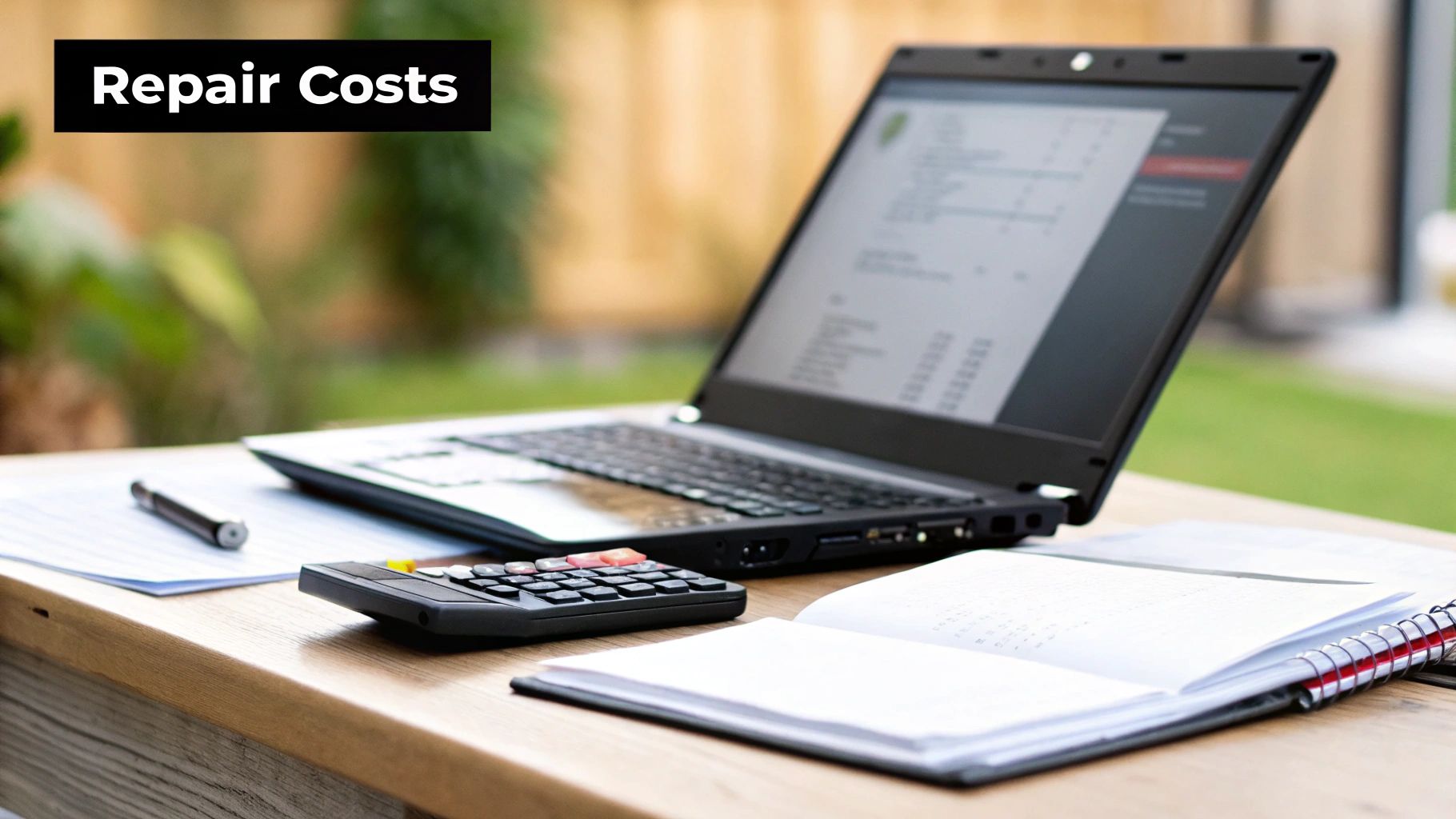A laptop open on a wooden table with a calculator, pen, and notebook, overlaid with 'Repair Costs'.