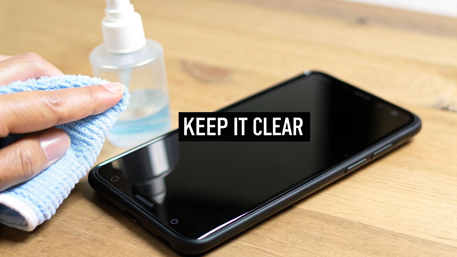 A hand cleans a black smartphone screen with a blue cloth and spray, promoting device clarity and hygiene.