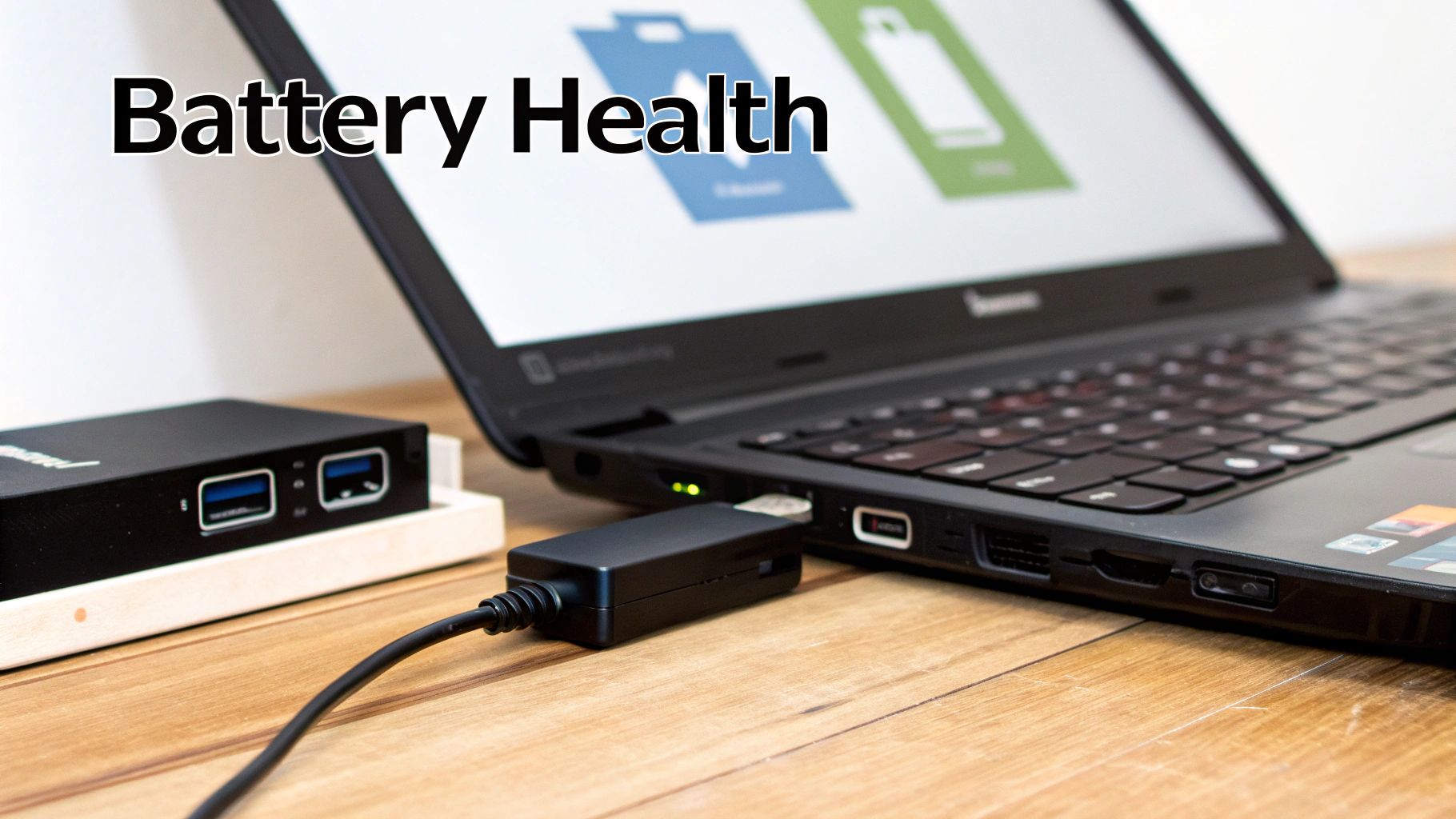 A black Lenovo laptop displaying 'Battery Health' on its screen, connected to a USB hub on a wooden desk.