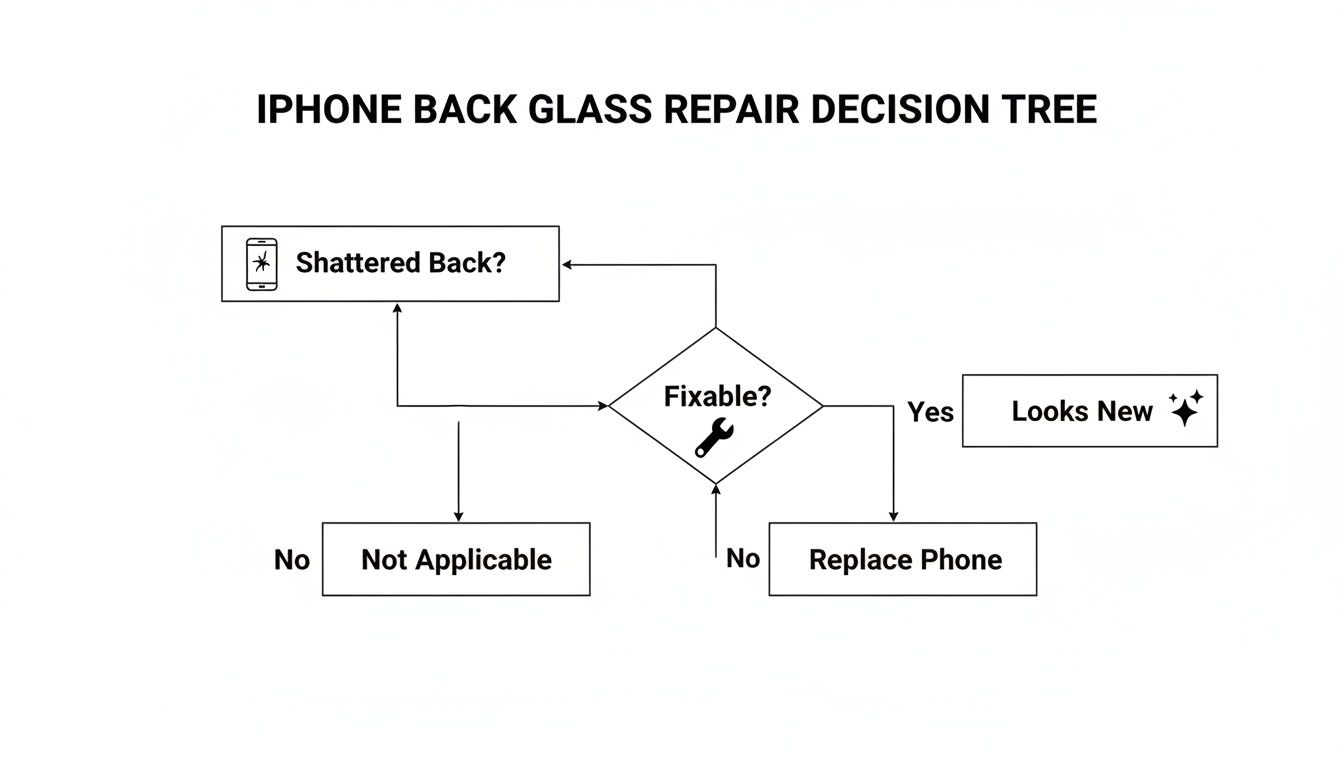 Decision tree for iPhone back glass repair process, showing options for shattered or fixable backs.