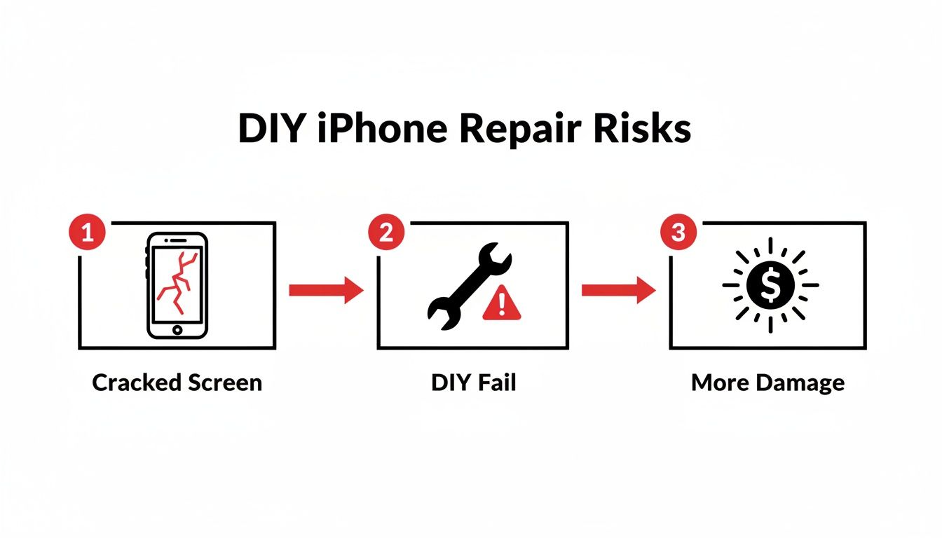 Flowchart illustrating DIY iPhone repair risks: a cracked screen leads to DIY failure, resulting in more damage and cost.