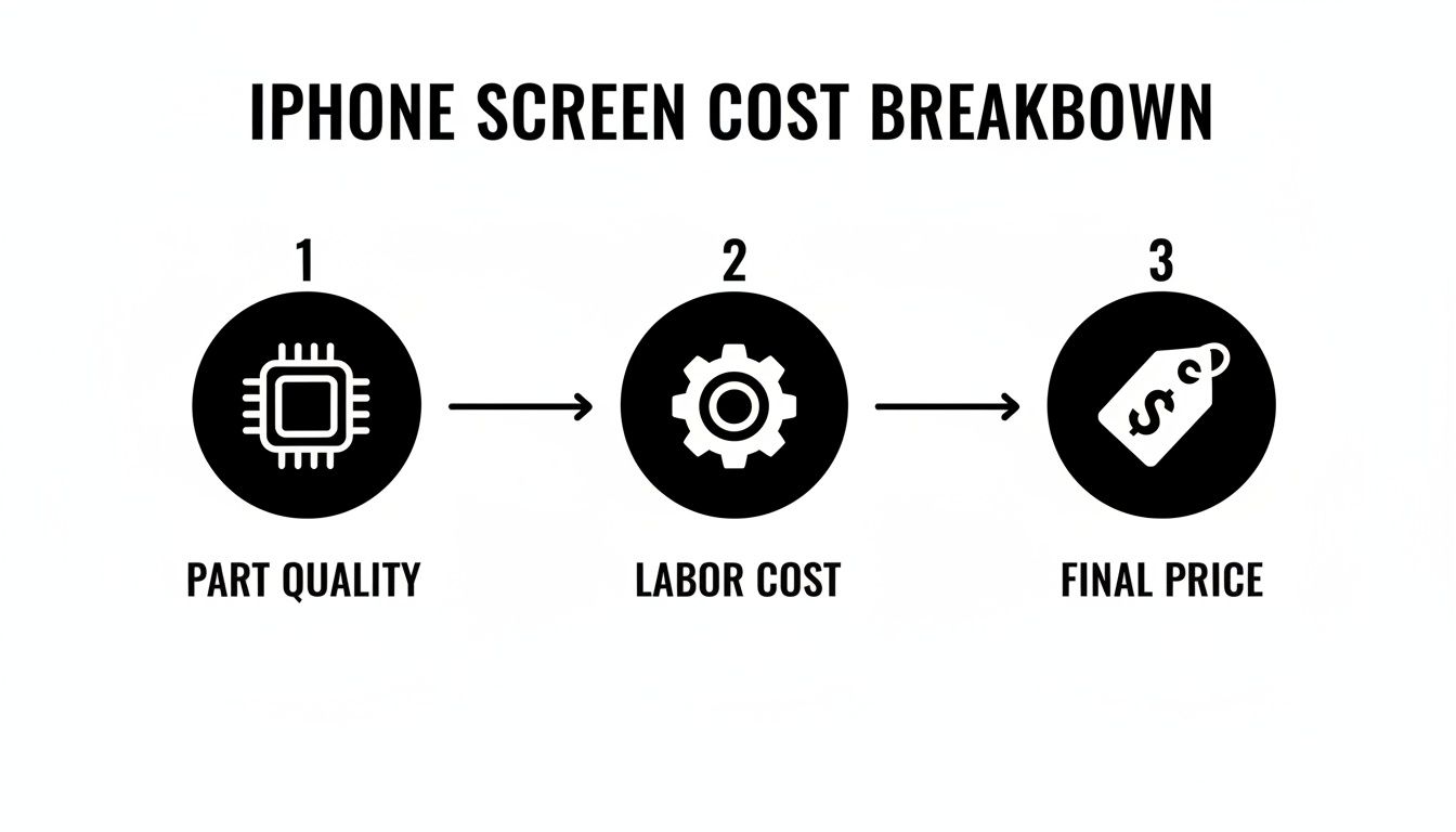 Flowchart illustrating the iPhone screen cost breakdown, including part quality, labor cost, and final price.