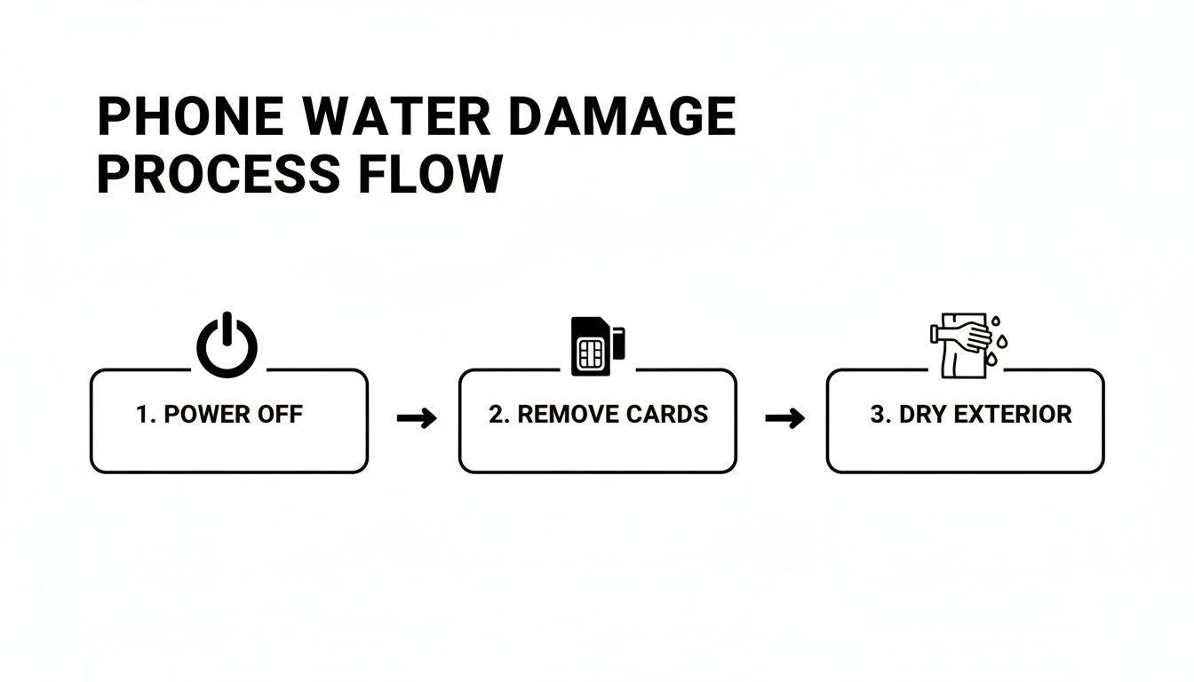 Flowchart illustrating the first three steps to fix a water-damaged phone: power off, remove cards, dry exterior.
