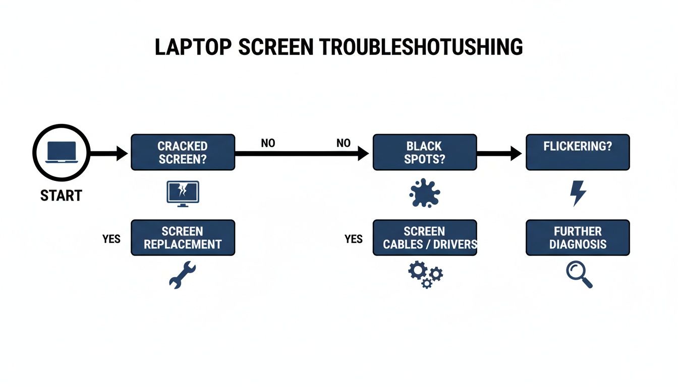A flowchart detailing troubleshooting steps for common laptop screen issues, including cracks, black spots, and flickering.