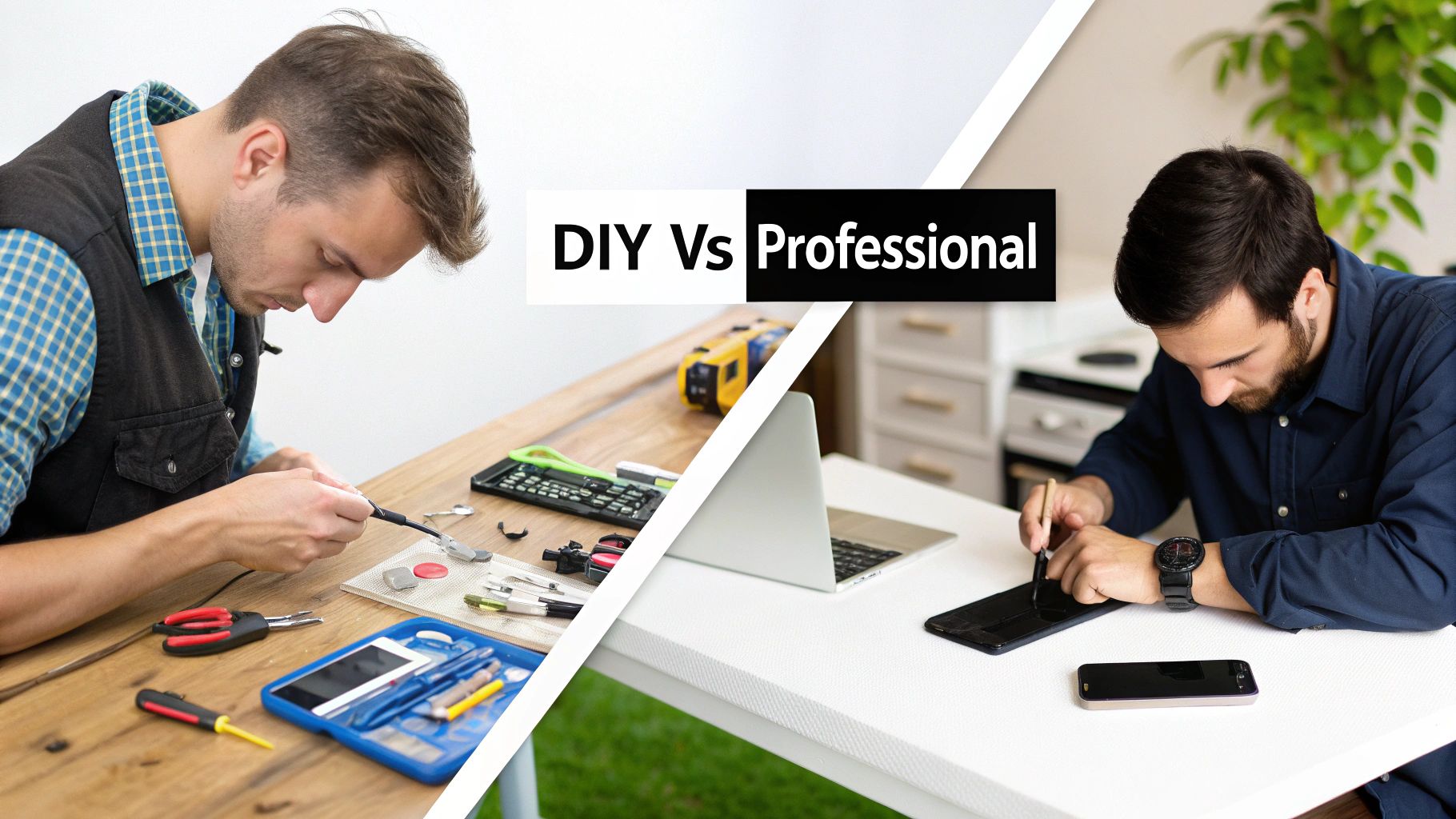 Side-by-side comparison of a man doing DIY electronics repair and a professional fixing a mobile phone.