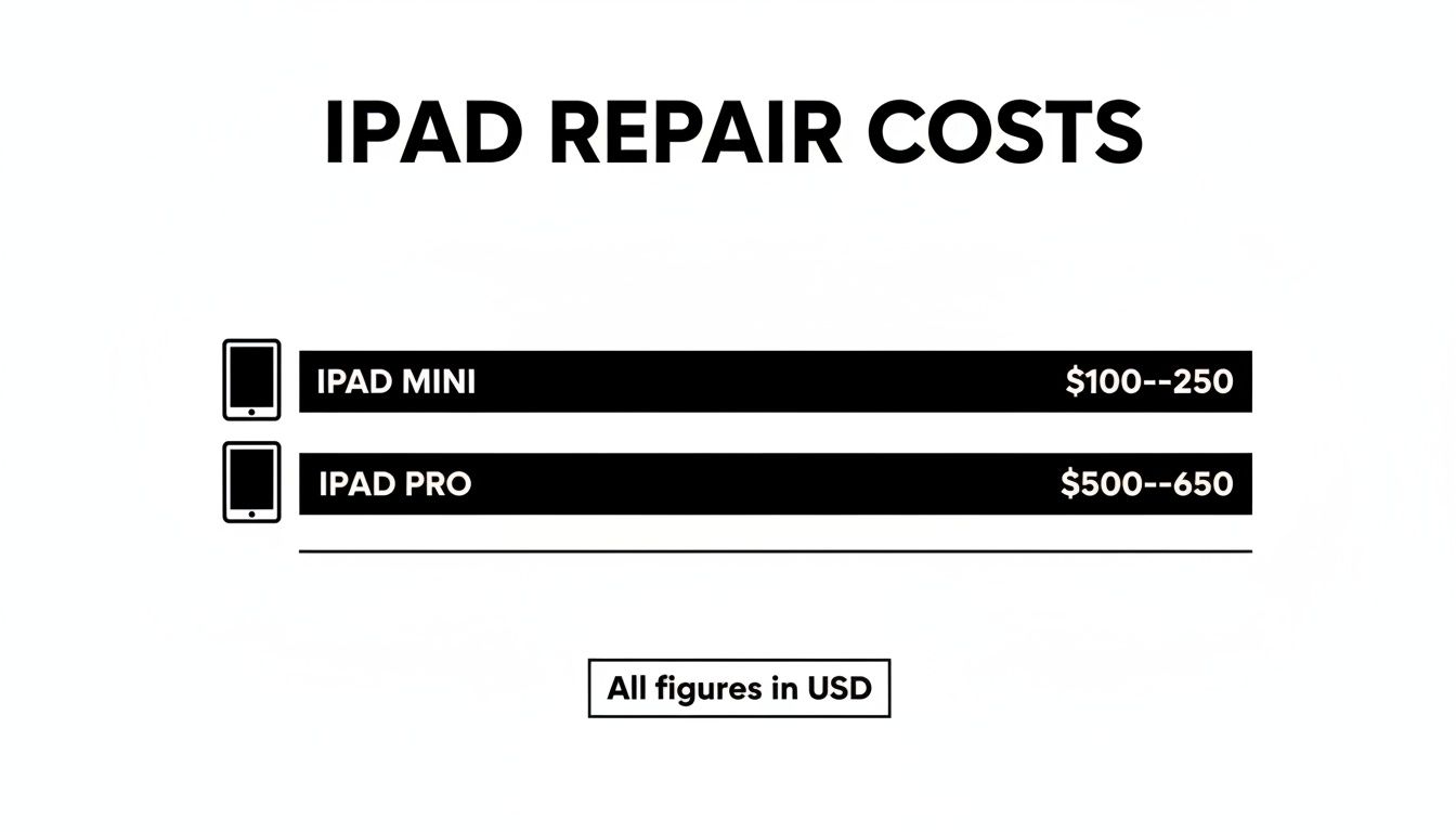 iPad repair costs for Mini and Pro models, showing price ranges in USD.