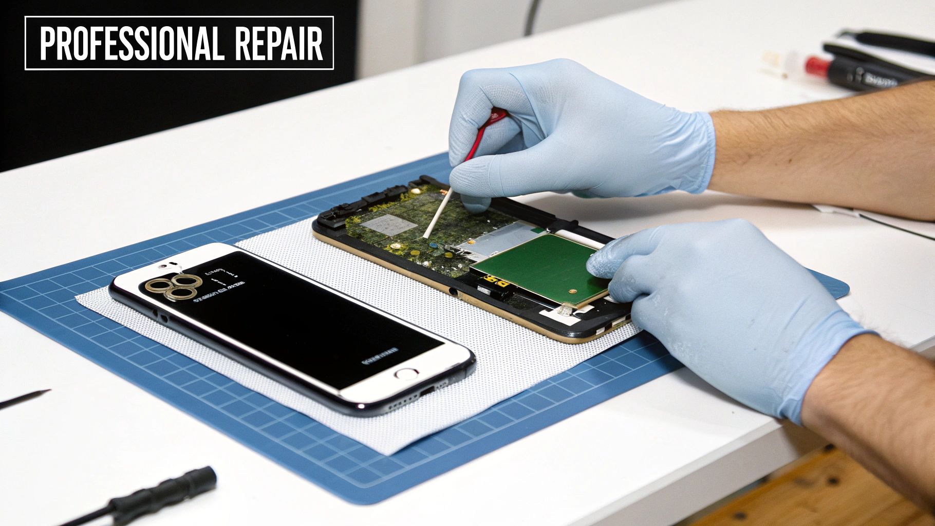 Close-up of gloved hands performing a professional repair on a disassembled smartphone on a white desk.