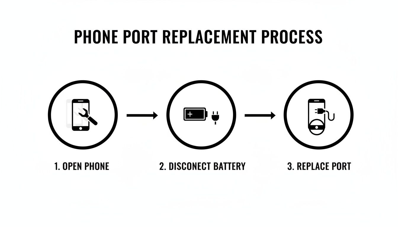 A three-step diagram illustrating the phone port replacement process from opening to replacement.