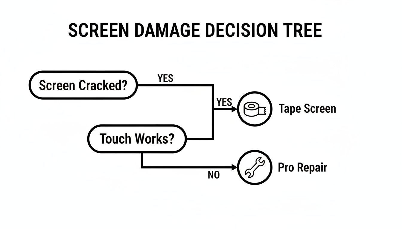 A decision tree flowchart for screen damage, guiding whether to tape a cracked screen or seek professional repair.