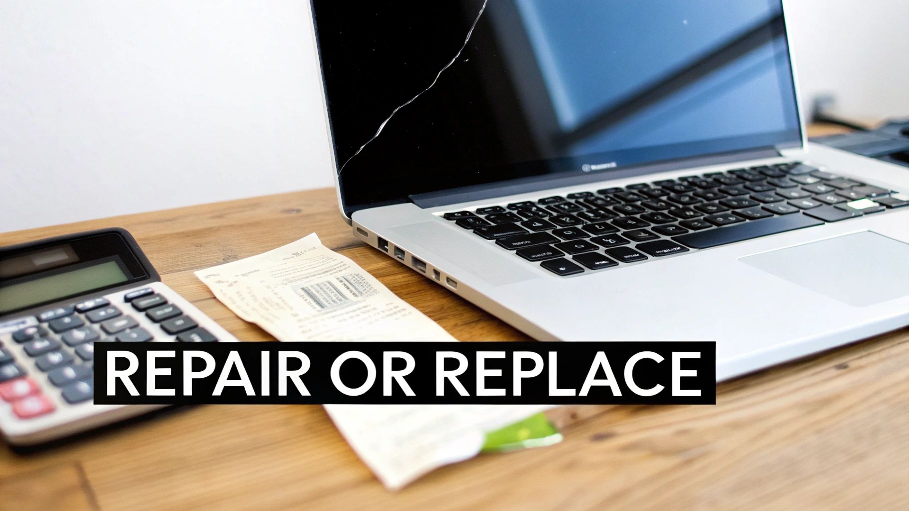 A cracked laptop screen on a wooden desk with a calculator and a receipt, contemplating repair or replacement.