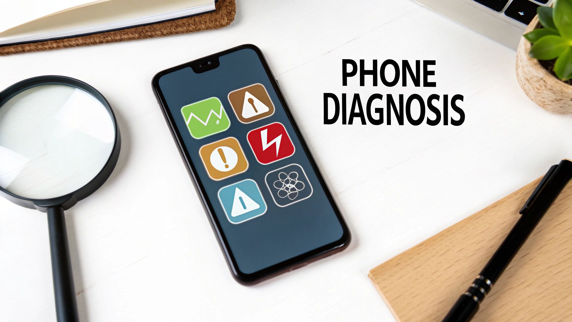 A smartphone displaying a cracked screen next to various repair tools.