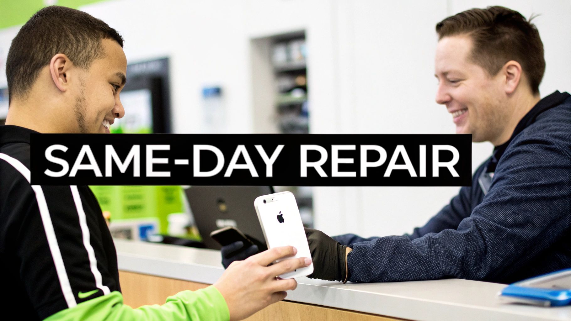 Two smiling men at a counter, one hands a white iPhone to the other for same-day repair.