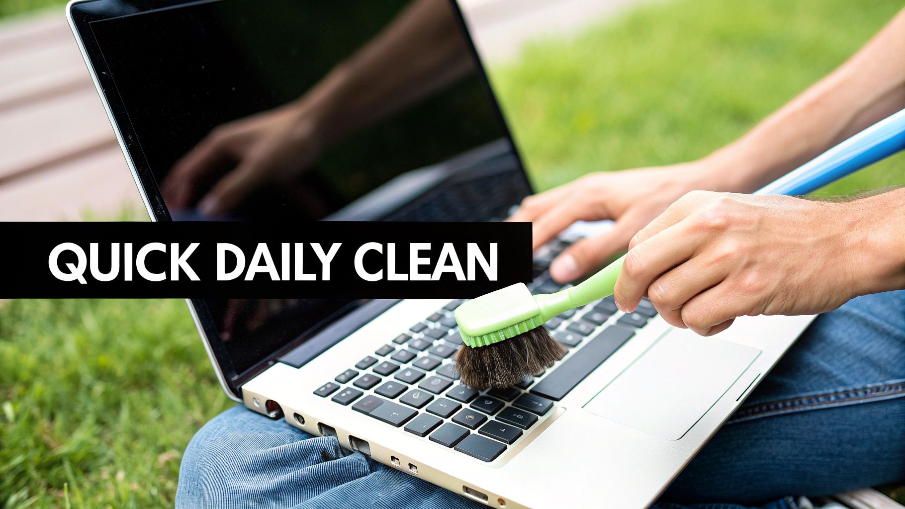 A person cleaning a silver laptop keyboard outdoors with a green brush.