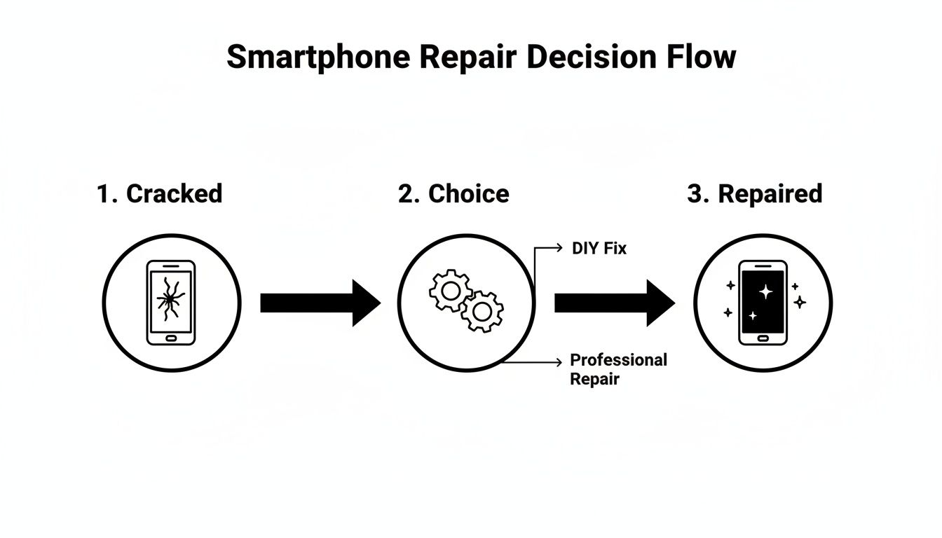 Flowchart detailing the smartphone repair decision process, showing a cracked phone, choice options, and a repaired device.