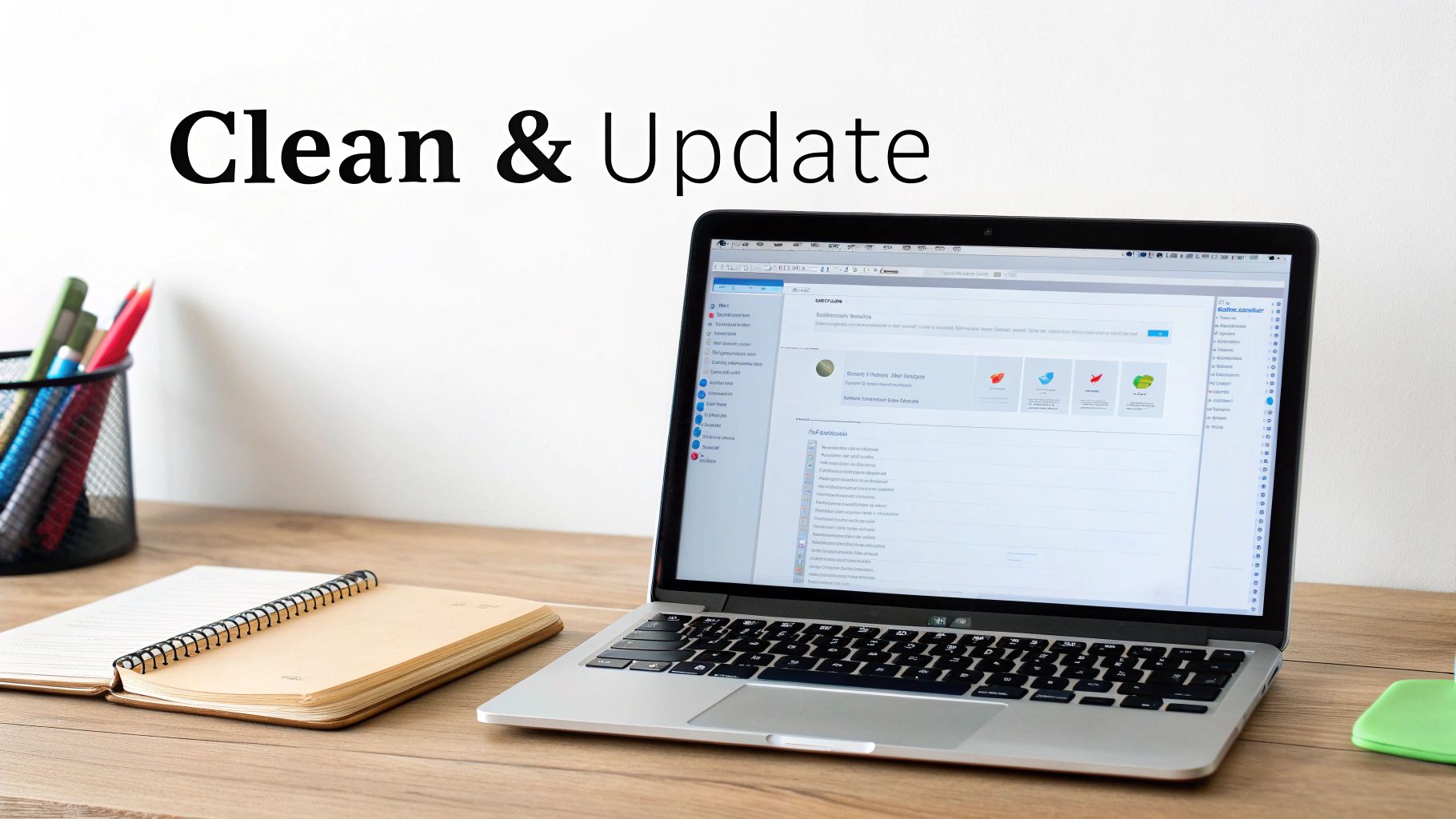 Laptop on a desk with a notebook, pens, and 'Clean & Update' text, displaying a system clean-up interface.