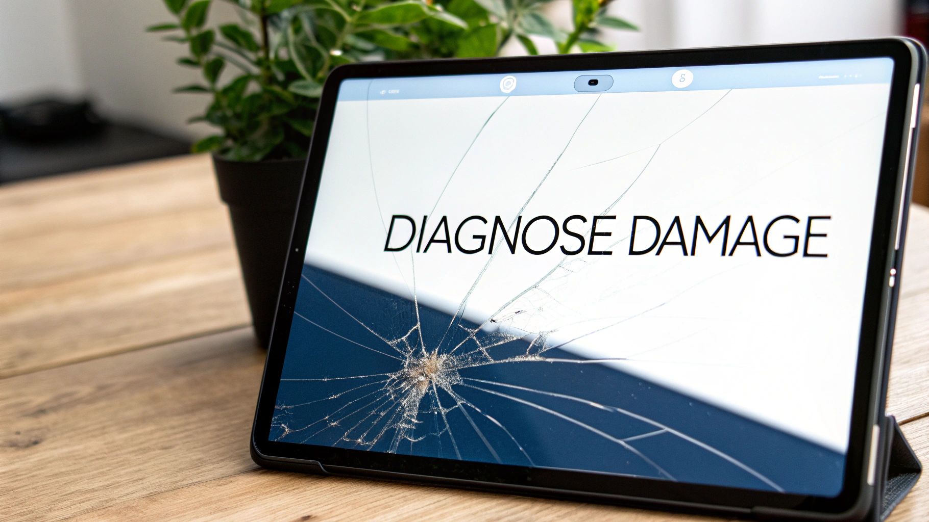 A close-up of a tablet with a severely cracked screen displaying the text 'DIAGNOSE DAMAGE'.