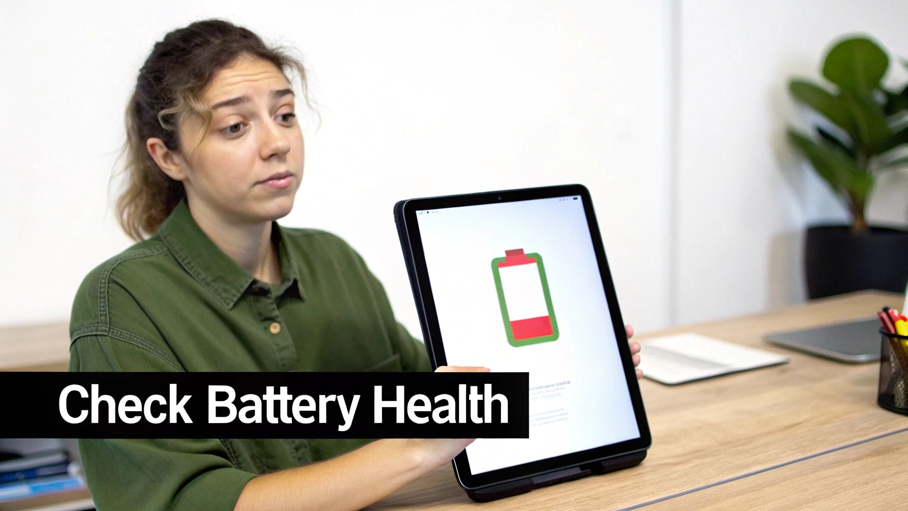 A woman holds a tablet displaying a low battery icon and a 'Check Battery Health' banner.