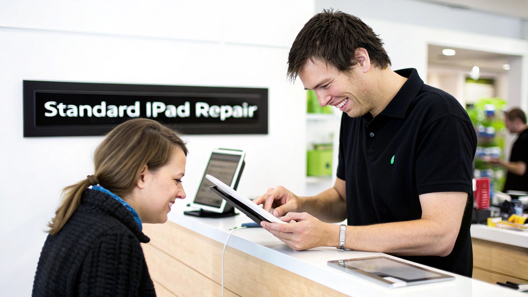 A smiling technician shows a customer an iPad at a repair counter with a "Standard iPad Repair" sign.