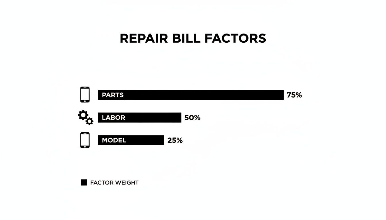 Infographic showing repair bill factors: Parts (75%), Labor (50%), and Model (25%).